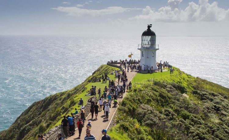 YHA Ahipara travellers checking out lighthouse at Cape Reinga