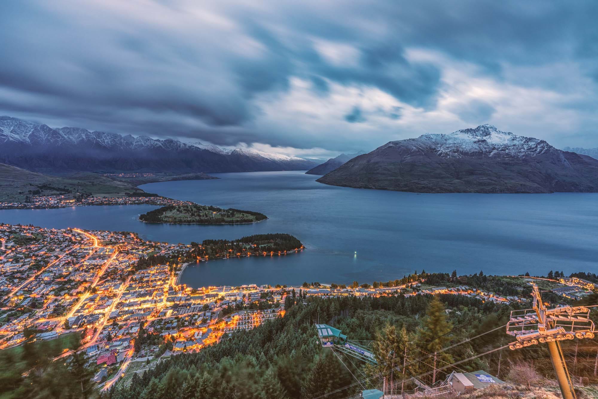 View of Queenstown at night from Skyline gondola