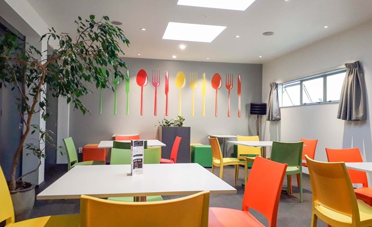 YHA Nelson colourful dining room area