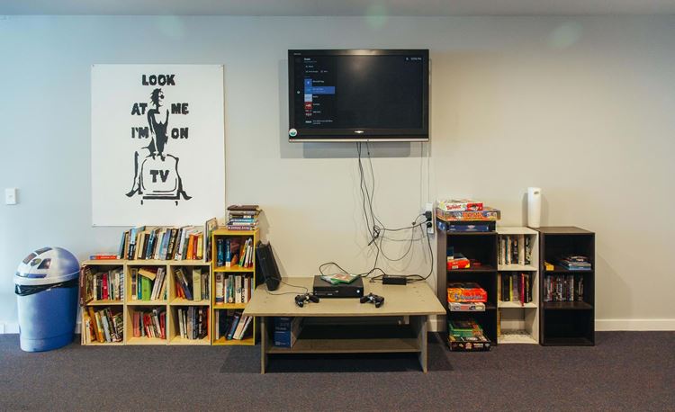 tv, game system and books in Taupo hostel living room